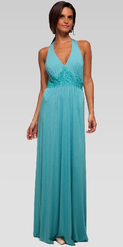 women's curve-hugging dressesSoutache Embroidery Halter Maxi Dress - Aqua