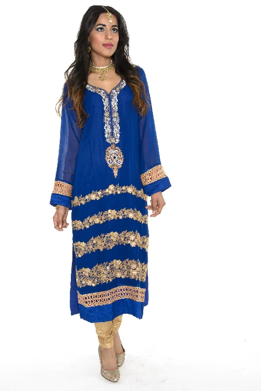 Organza DressRoyal Blue Wedding Long Kurti Salwar Kameez (Size M/L)