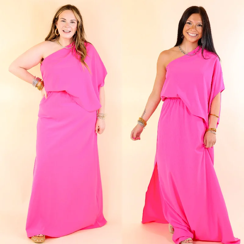 Plunging Neckline DressChic Romance One Shoulder Unbalanced Maxi Dress in Fuchsia Pink