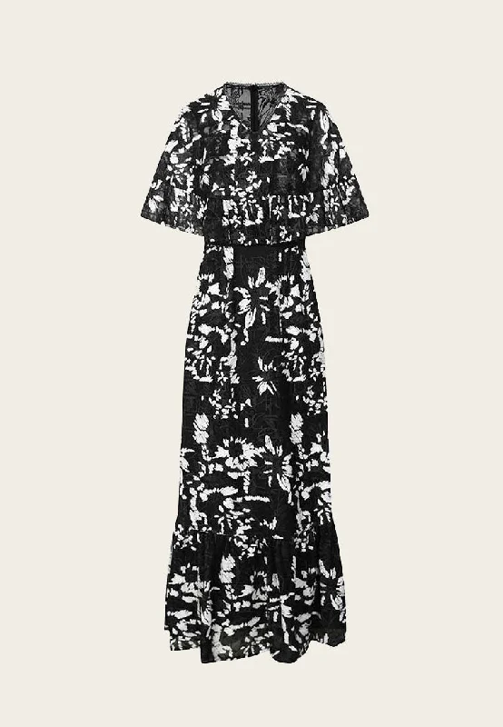 Cold-Shoulder DressBlack Floral Embroidered and Sequined Maxi Dress