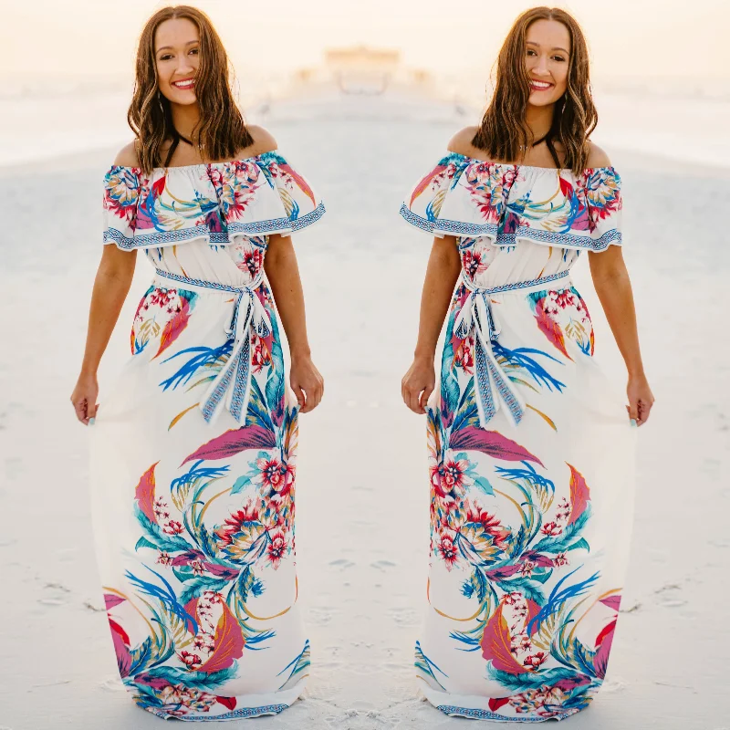 Zip-Up DressLast Chance Size Small | Bahama Breeze Off The Shoulder Ruffle Floral Maxi Dress in Ivory | ONLY 1 LEFT!