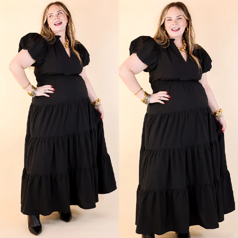 women's petite dressesTable for Two Tiered Maxi Dress with Puff Sleeves in Black