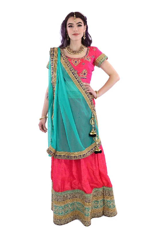 Long-Sleeve DressElectrifying Coral Pink and Teal Indian Wedding Lehenga- SNT11064