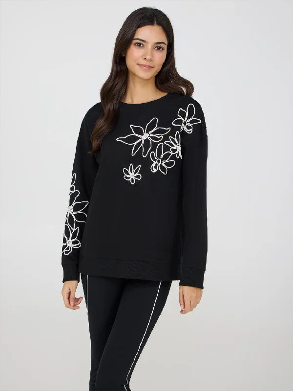 women's tops for business casual attireFlower Embroidered Sweatshirt