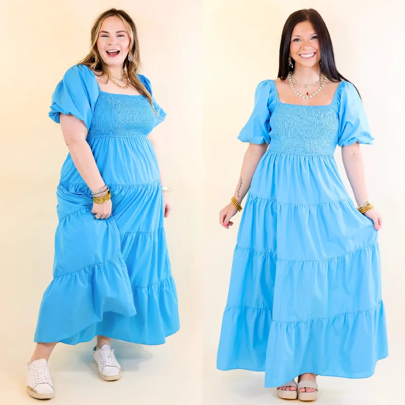 women's high-low dressesSantorini Sunshine Short Balloon Sleeve Maxi Dress in Blue