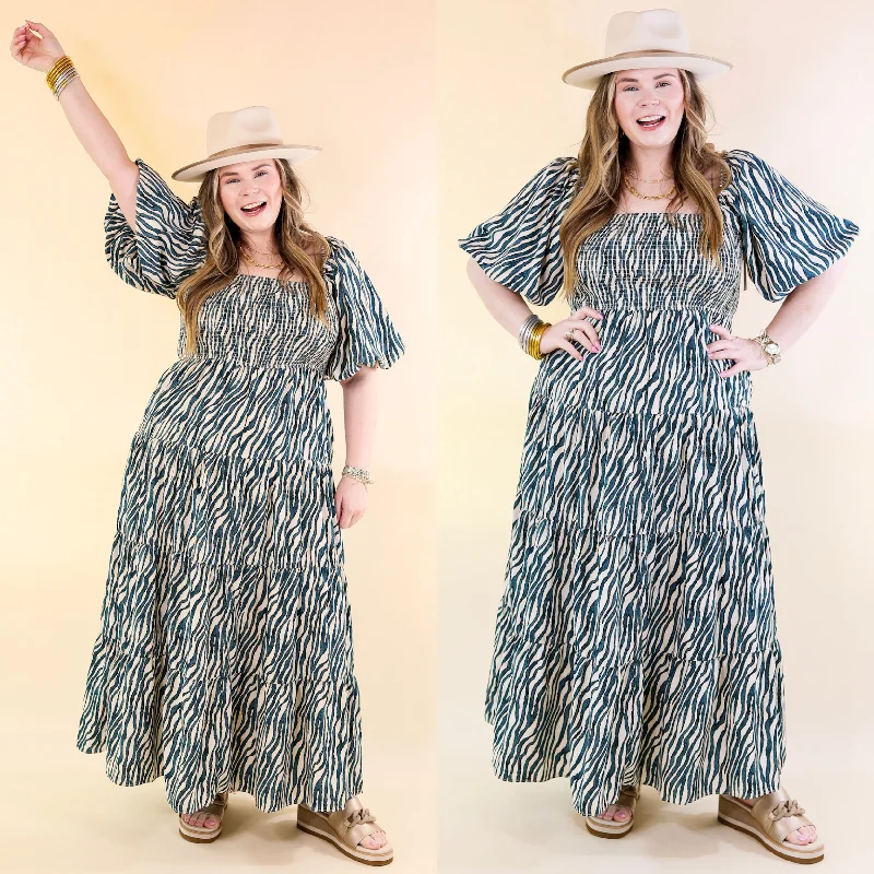 women's satin dressesSantorini Sunshine Short Balloon Sleeve Zebra Print Maxi Dress in Teal Blue