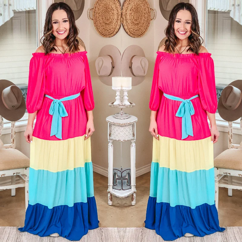 Vintage DressSoul of Sunshine Off the Shoulder Color Block Maxi Dress in Pink, Yellow, and Blue