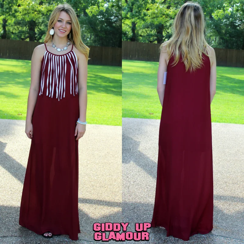 women's prom dressesLast Chance Size Small | I'm So Fringy Maxi Dress in Maroon & White