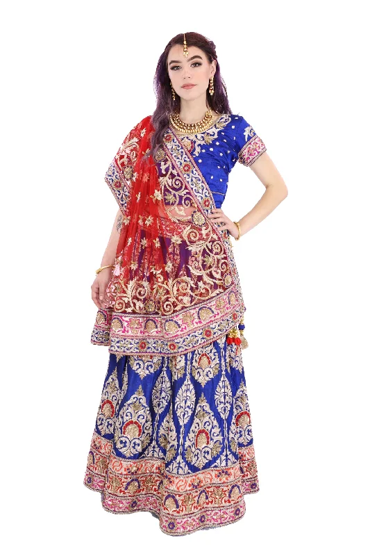 Velvet DressGrand Royal Blue And Red Indian Bridal Wedding Lehenga - SNT11061