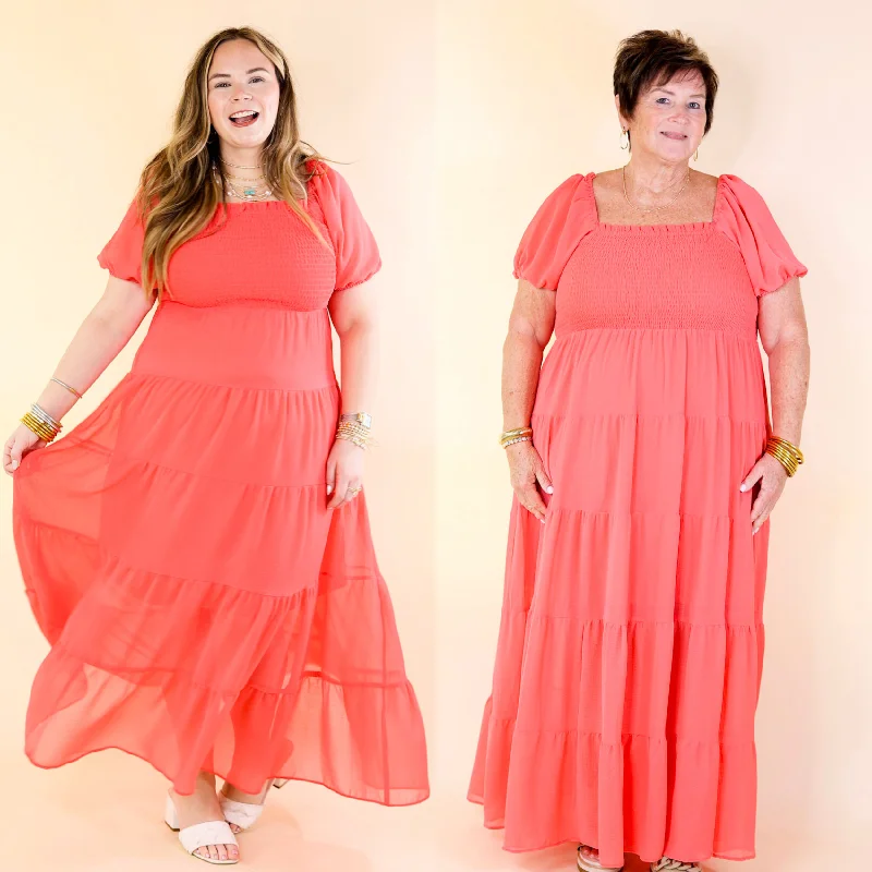 Chic DressHoneysuckle Love Tiered Maxi Dress with Smocked Bodice in Coral Red