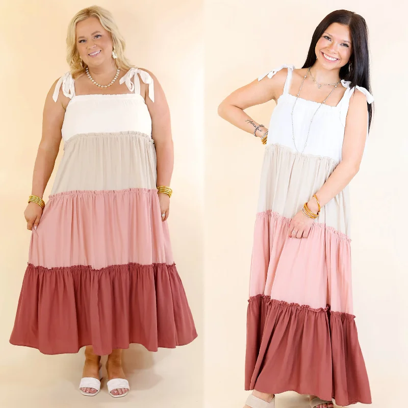 Bow-Tie DressWeekend in Capri Tiered Maxi Dress with Adjustable Tie Straps in Mauve Mix