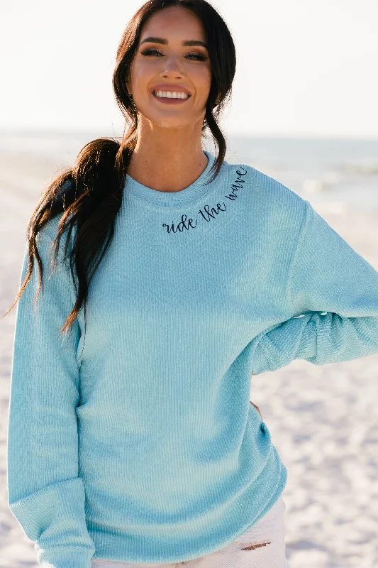 women's tops for statement-making outfitsRide The Wave Aqua Blue Embroidered Corded Sweatshirt