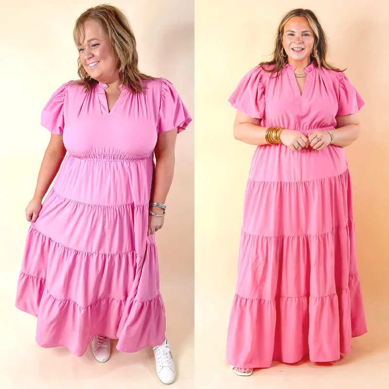 women's checkered dressesTable for Two Tiered Maxi Dress with Puff Sleeves in Bubblegum Pink