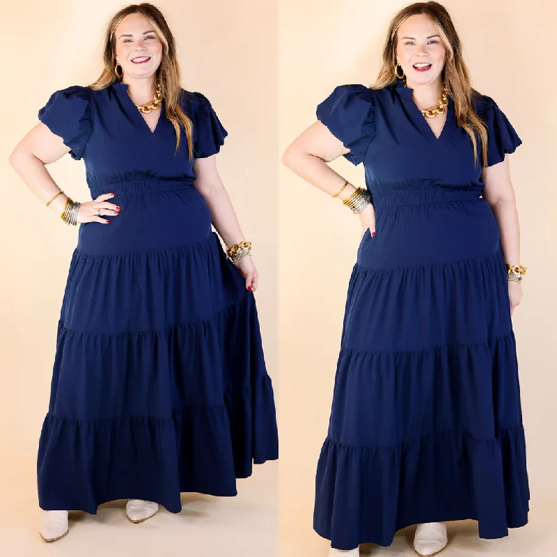 Laced-Up DressTable for Two Tiered Maxi Dress with Puff Sleeves in Navy Blue