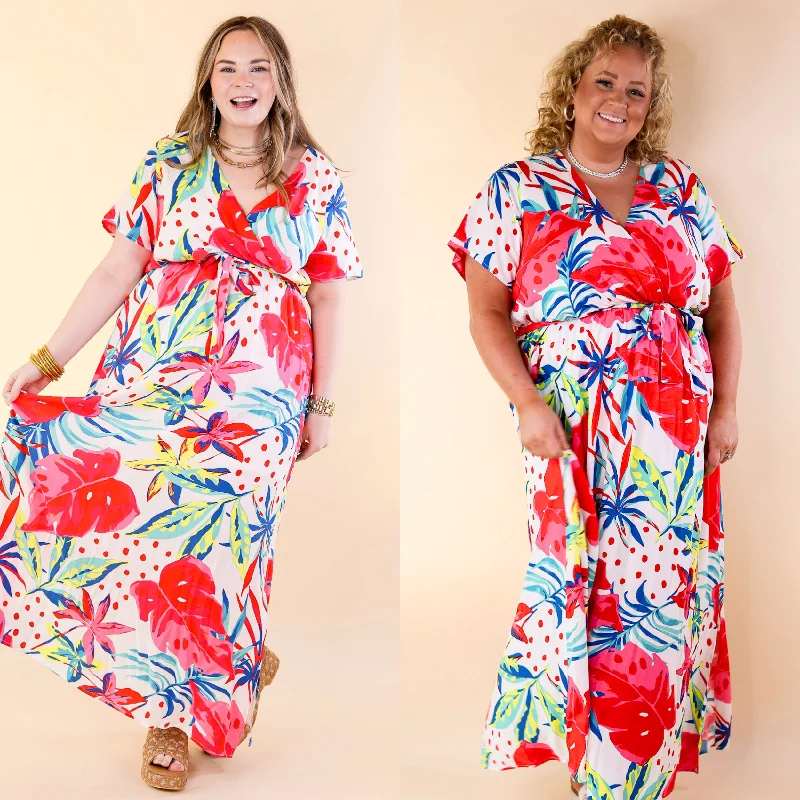 women's neon dressesDelightful Dip Tropical Floral Maxi Dress with Waist Tie in White