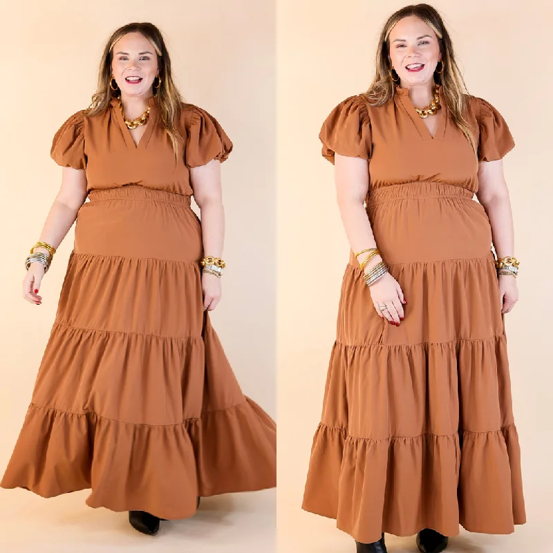 Flutter-Sleeve DressTable for Two Tiered Maxi Dress with Puff Sleeves in Clay Rust Orange