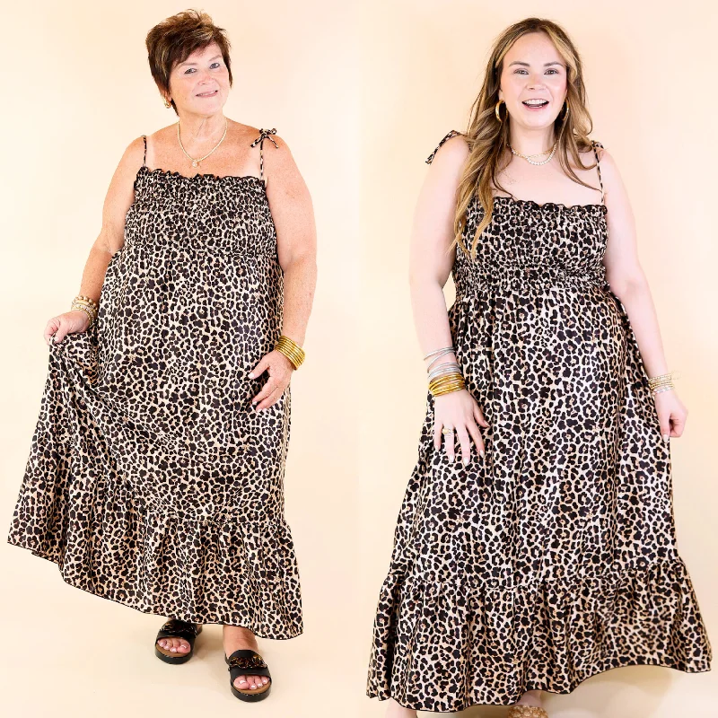 Flowy DressWild Thoughts Leopard Print Maxi Dress with Spaghetti Straps in Brown