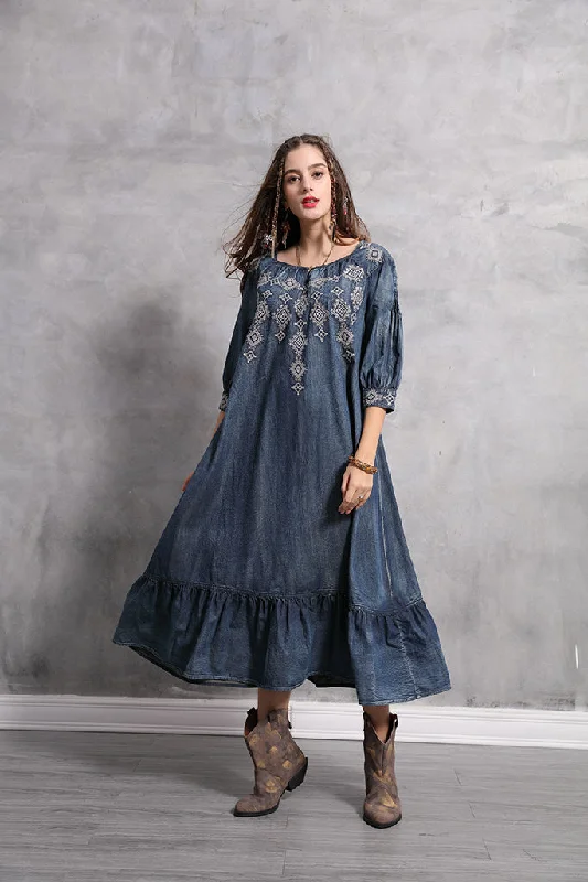 women's metallic dresses3/4 SLEEVE RUFFLE HEM  DENIM MAXI DRESS