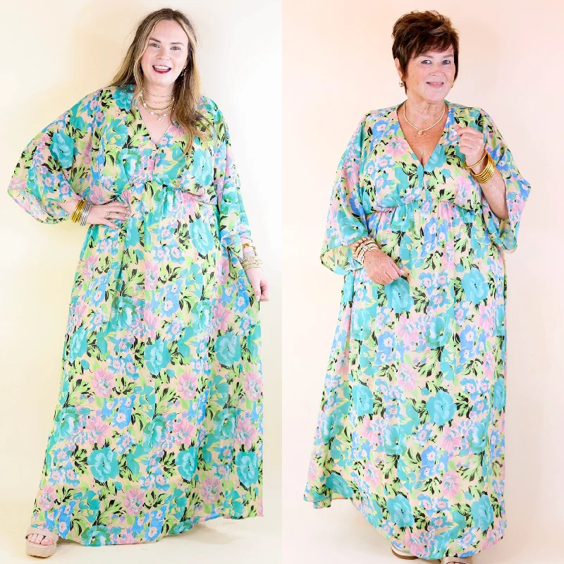 Petite DressBeautifully Botanical V Neck Floral Print Maxi Dress in Blue and Green Mix