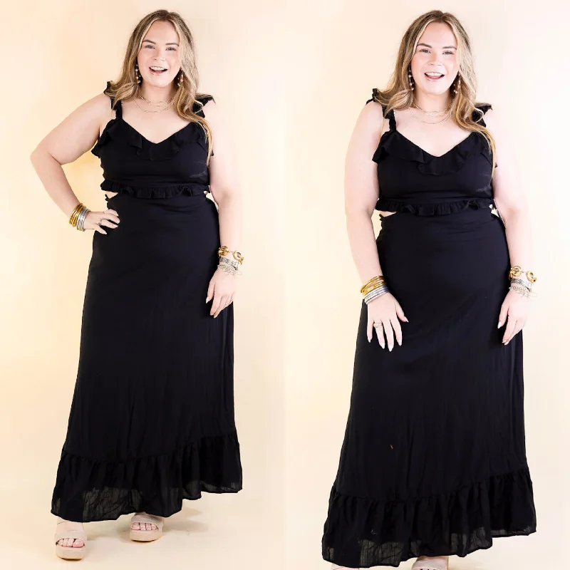 Pastel DressTalk About Beauty Tank Maxi Dress With Cutouts and Ruffles in Black