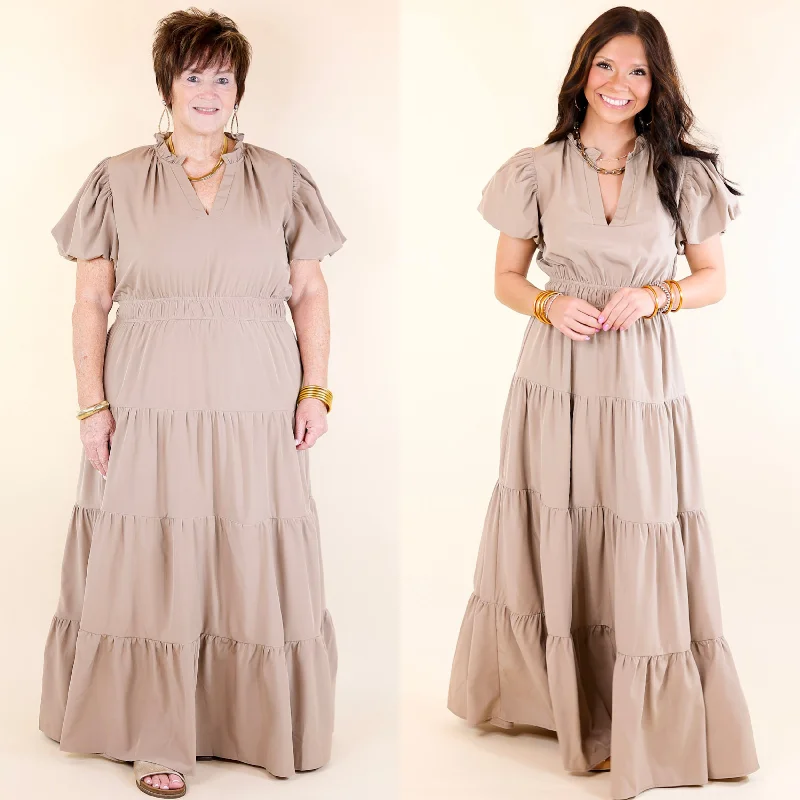 Silk DressTable for Two Tiered Maxi Dress with Puff Sleeves in Light Mocha Brown