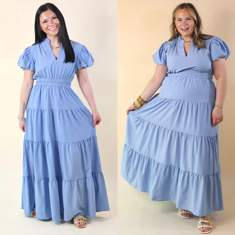 women's mother of the bride dressesTable for Two Tiered Maxi Dress with Puff Sleeves in Chambray Blue