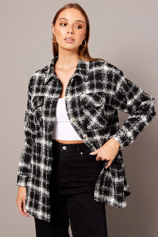 women's tops for smart casual looksBlack Check Relaxed Shirt Long Sleeve Shacket