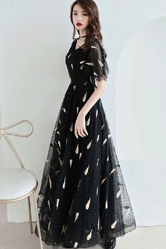 women's lightweight dressesFlare Sleeve V-neck Embroidered Tulle Maxi Dress