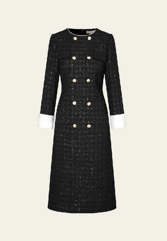 women's club dressesMaxi-length Sequin-detail Contrasting-trim Houndstooth Tweed Dress