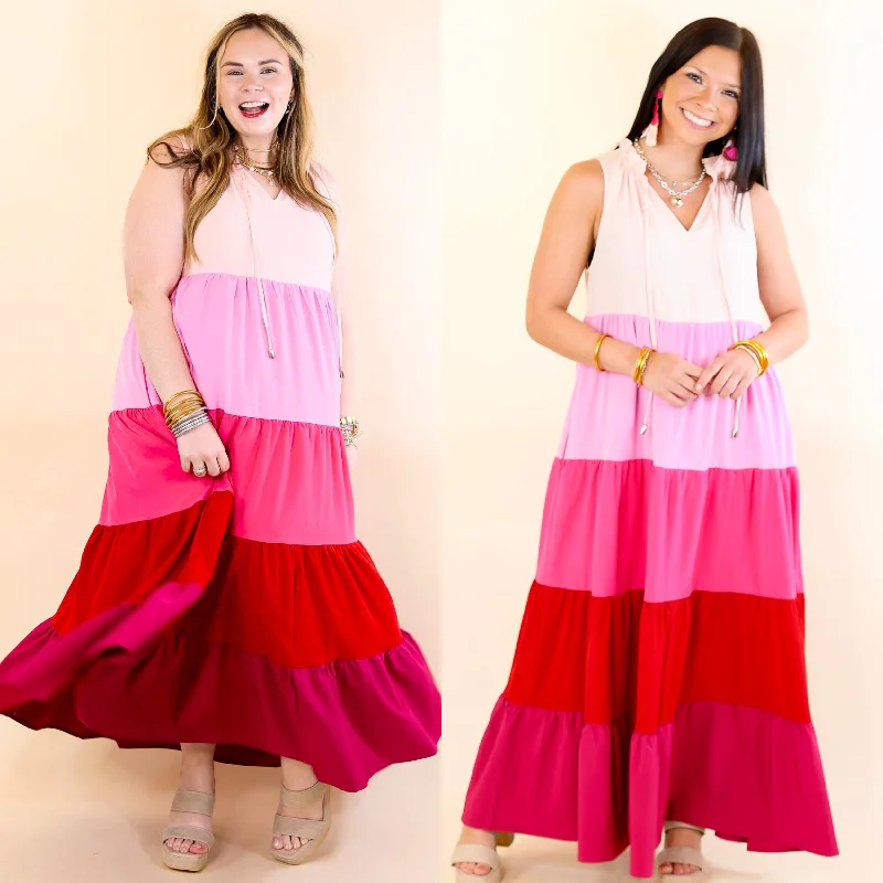 Asymmetric DressCalm Waters High Neck Tiered Maxi Dress in Pink Mix