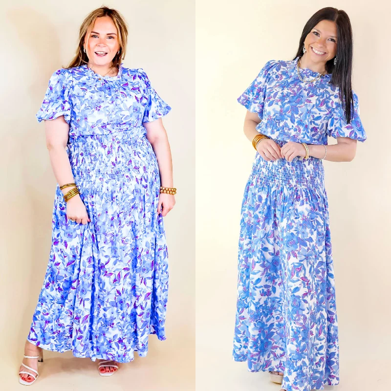 women's long-sleeved dressesMoonlit Bay Floral High Neck Maxi dress with Smocked Waistline in Blue