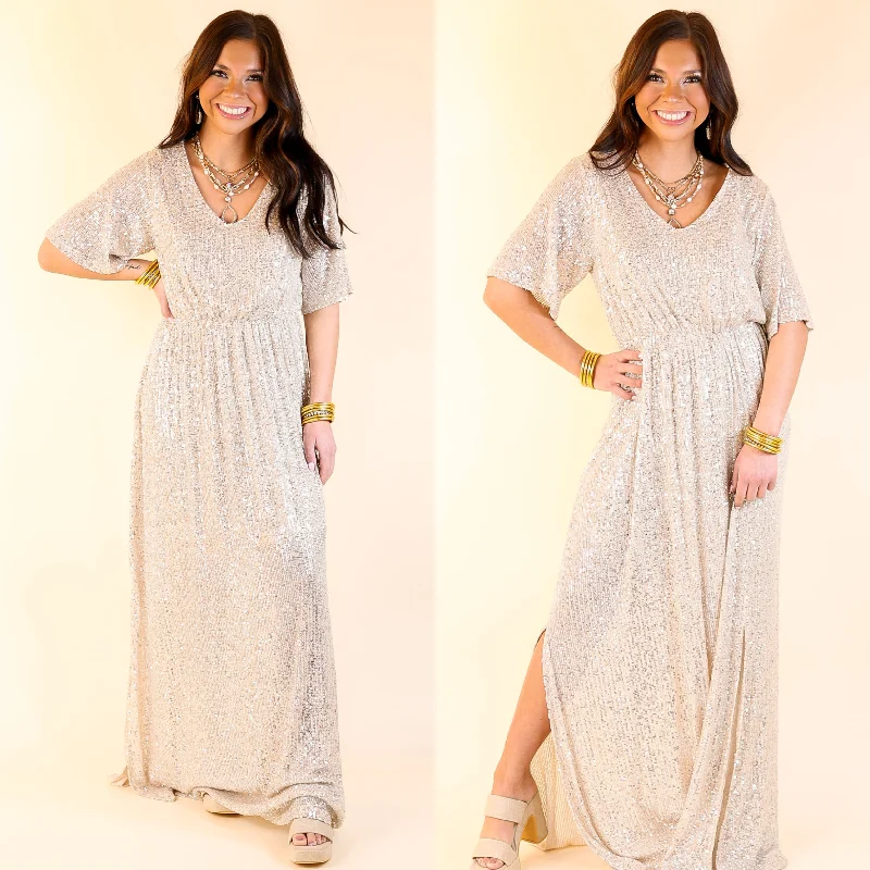 Peplum DressSparkle In The City Short Sleeve Sequin Maxi Dress in Champagne