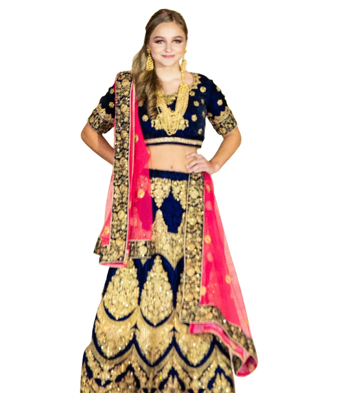 Cold-Shoulder DressDazzling Navy Blue and Gold Velvet Indian Wedding Lehenga- SNT11069