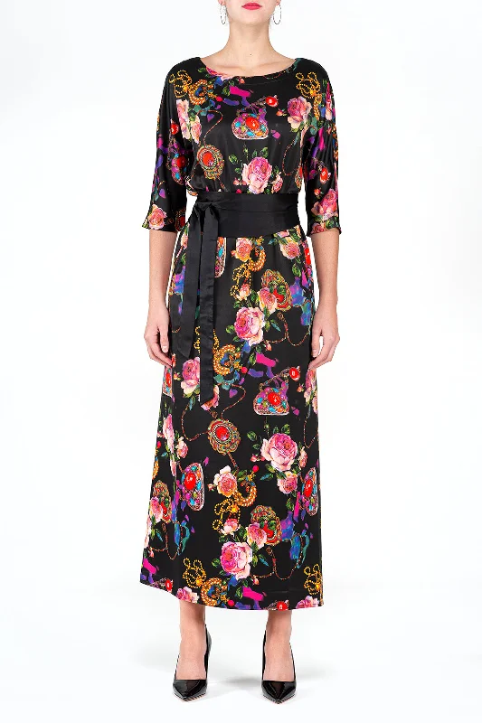 women's vintage dressesSCANDINAVIA-Half Sleeve Belted Floral Maxi Dress