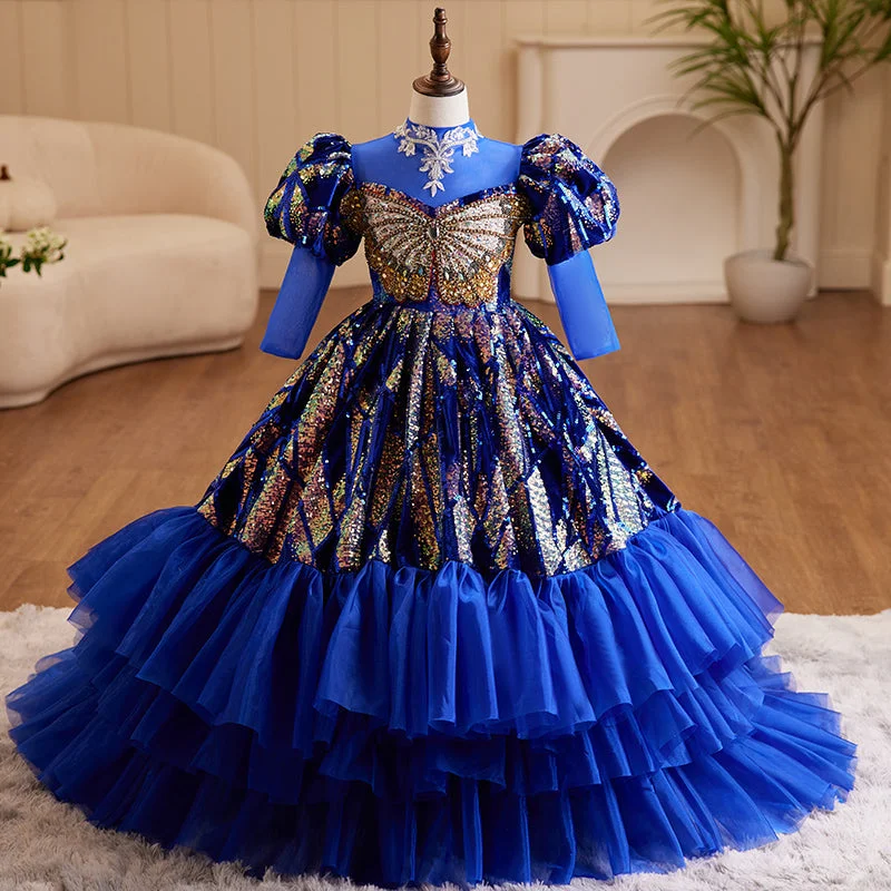 Bell-Sleeve DressToddler Girl Birthday Party Dress Blue Retro Sequin Tail Fluffy Princess Dress