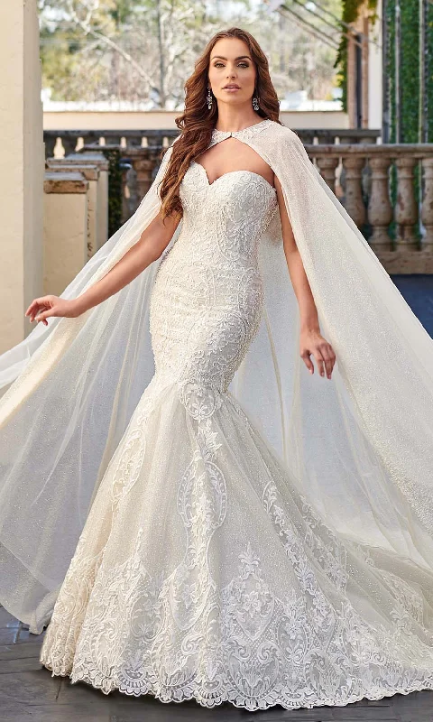 women's velvet dressesRachel Allan - M781 Embroidered Lace Mermaid Wedding Gown With Cape