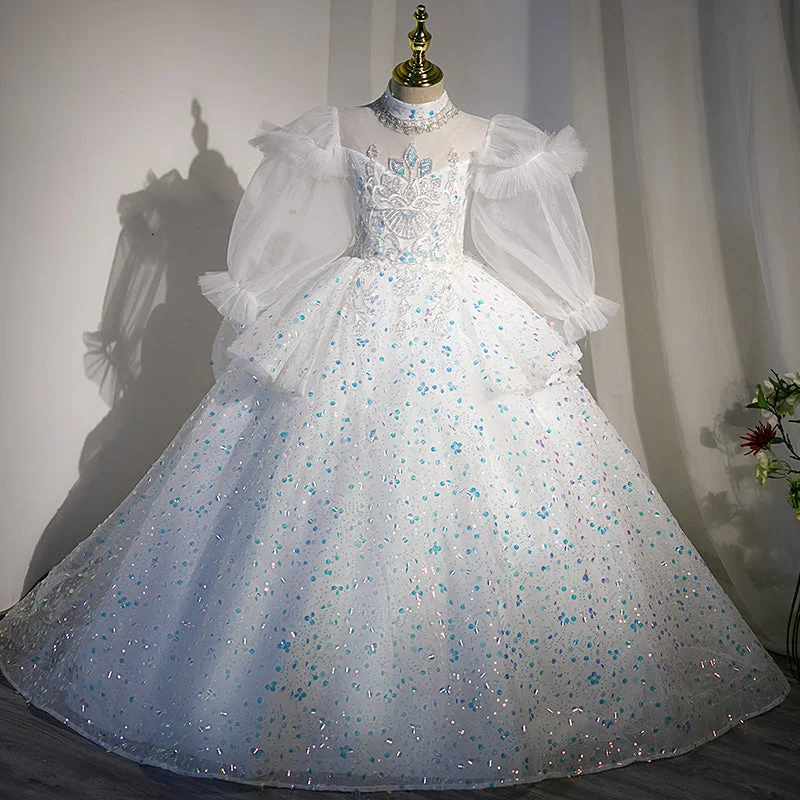 women's body-skimming dressesGirl First Communion Dress Children Flower Birthday Party White Sequin Trailing Pageant Dress