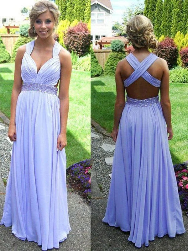 women's limited-edition dressesLight Purple A-line Straps Cross-back Beaded Long Prom Dress, Graduation Dress, Wedding Party Dress