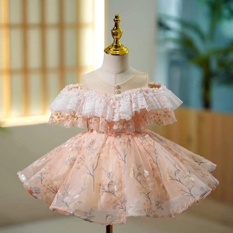 women's made-to-order dressesFlower Girl Dress Toddler Summer Off-Shoulder Lace Puffy Birthday Party Princess Dress