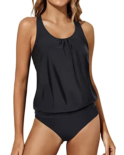 Wrap Female SwimwearWomen's Racerback Tank Tops Bottoms Blouson Tankini Swimwear-Black