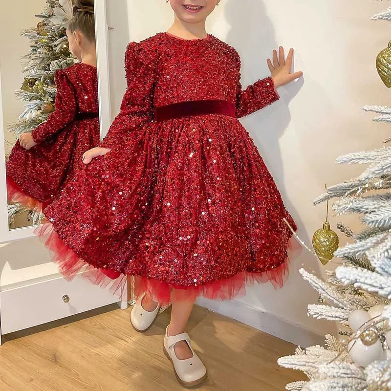 Laced DressGirl Christmas Dress Toddler Girl Dress Cute Wine Red Sequins Long sleeve Birthday Party Dress