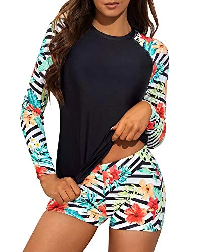 High-Neck One-Piece FemaleCrew Neck Two Piece Womens Rash Guard Swimsuit-Black And Striped Leaves