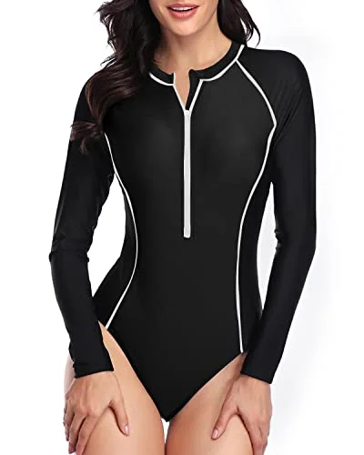 Elegant Female SwimwearUPF 50+ Long Sleeve Rash Guard One Piece Swimsuit Zipper Closure for Women