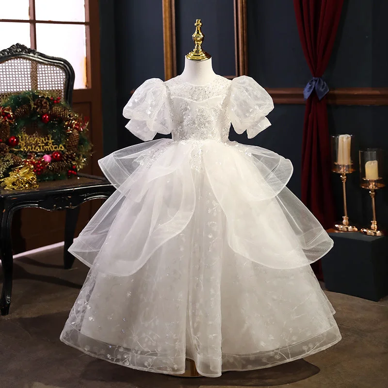 women's A-line dressesFirst Communion Dress Girls Birthday Party Dress White Elegant Sequin Formal Princess Dress