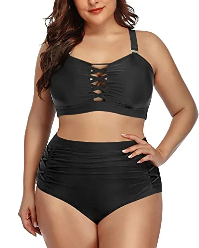 Chlorine-Free Female SwimwearRuched High Waisted Two Piece Bikini Set For Plus Size Women-Black