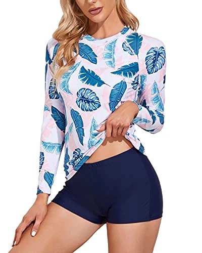 Resort Female SwimwearCrew Neck Women's Rash Guard Boyshorts Set-Blue Pink Leaves