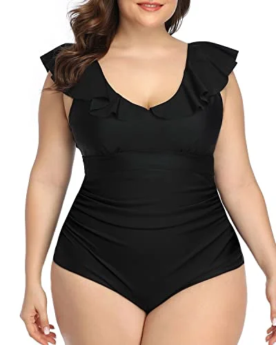 Glittery Female SwimwearU-Shaped Back Plus Size One Piece Swimsuits For Curvy Women-Black