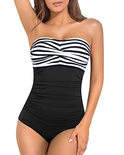 Comfy Kaftan FemaleRuched Women's Strapless One Piece Swimsuit Bandeau Bathing Suits-Black And White Stripe