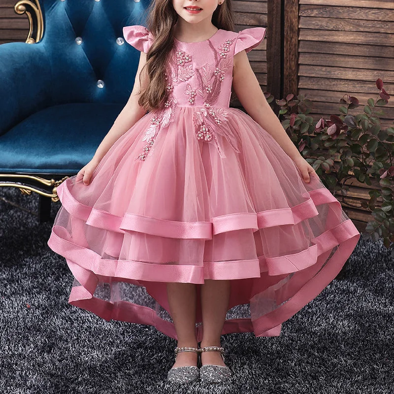 Short-Sleeve DressGirl Birthday Party Princess Dress Embroidered Fluffy Tail Pageant Dress