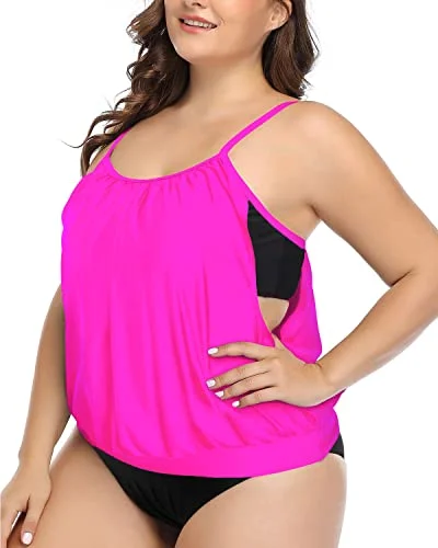 Fun Female SwimwearDouble Layer Tummy Control Tankini Plus Size Sporty 2 Piece Tankini-Neon Pink